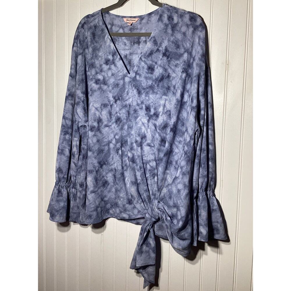 Juicy Couture Blouse Womens XXL Blue Crepe Gauzy Front Knot Top Flowy 2XL